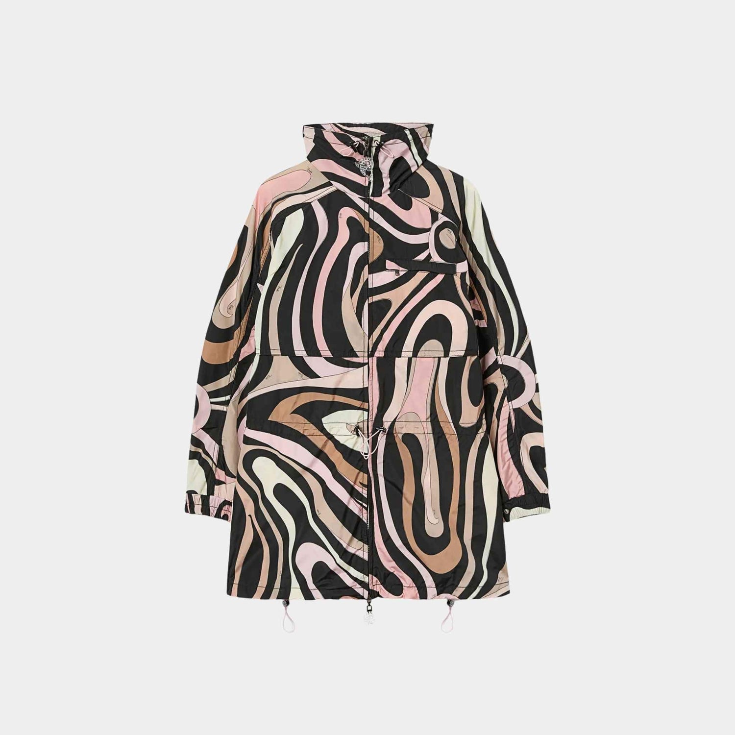 Pucci Marmo Print Fitted-Waist High Collar Nylon Jacket, Black, Nude, Front
