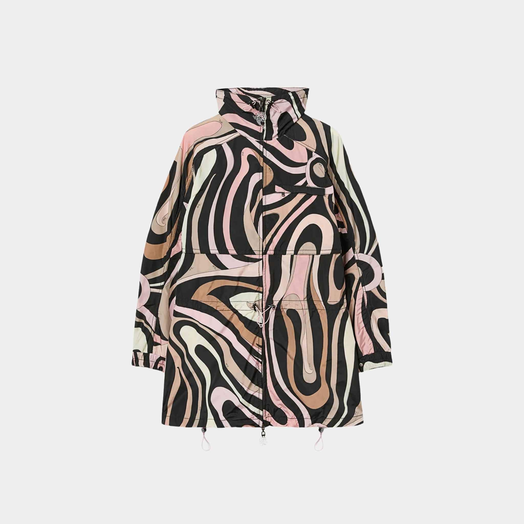 Pucci Marmo Print Fitted-Waist High Collar Nylon Jacket, Black, Nude, Front