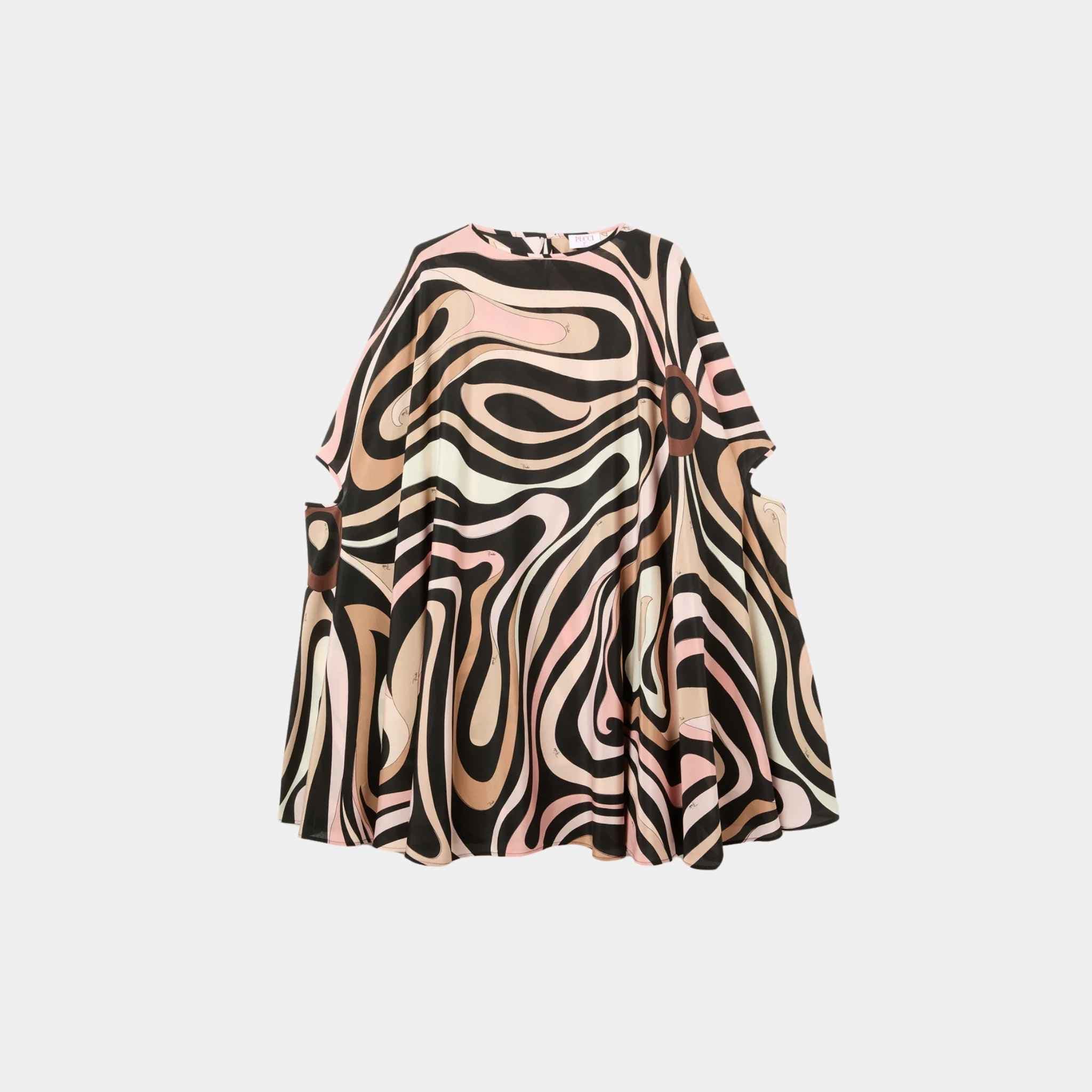 Pucci Marmo Print Kaftan Silk Mini Dress, Black, Nude, Front