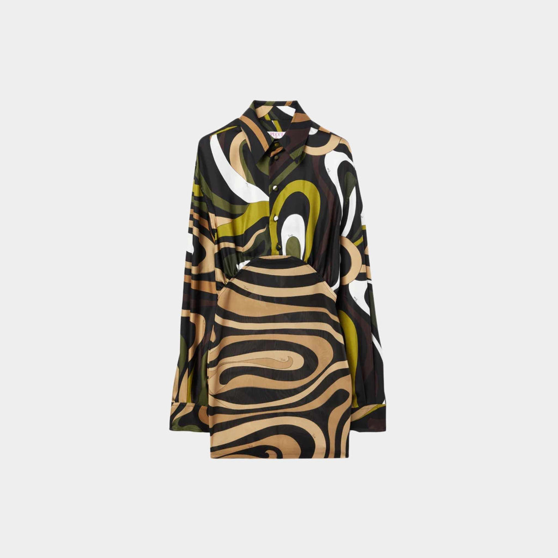 Pucci Marmo Print Long Sleeves Mini Dress, Khaki, Front