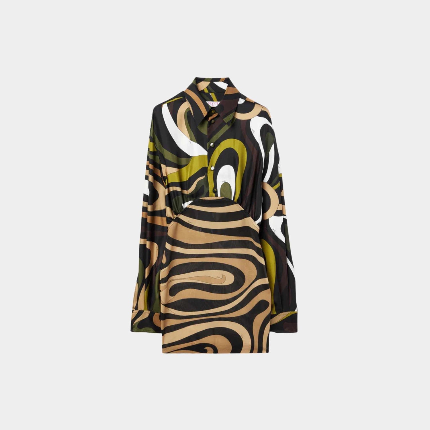 Pucci Marmo Print Long Sleeves Mini Dress, Khaki, Front