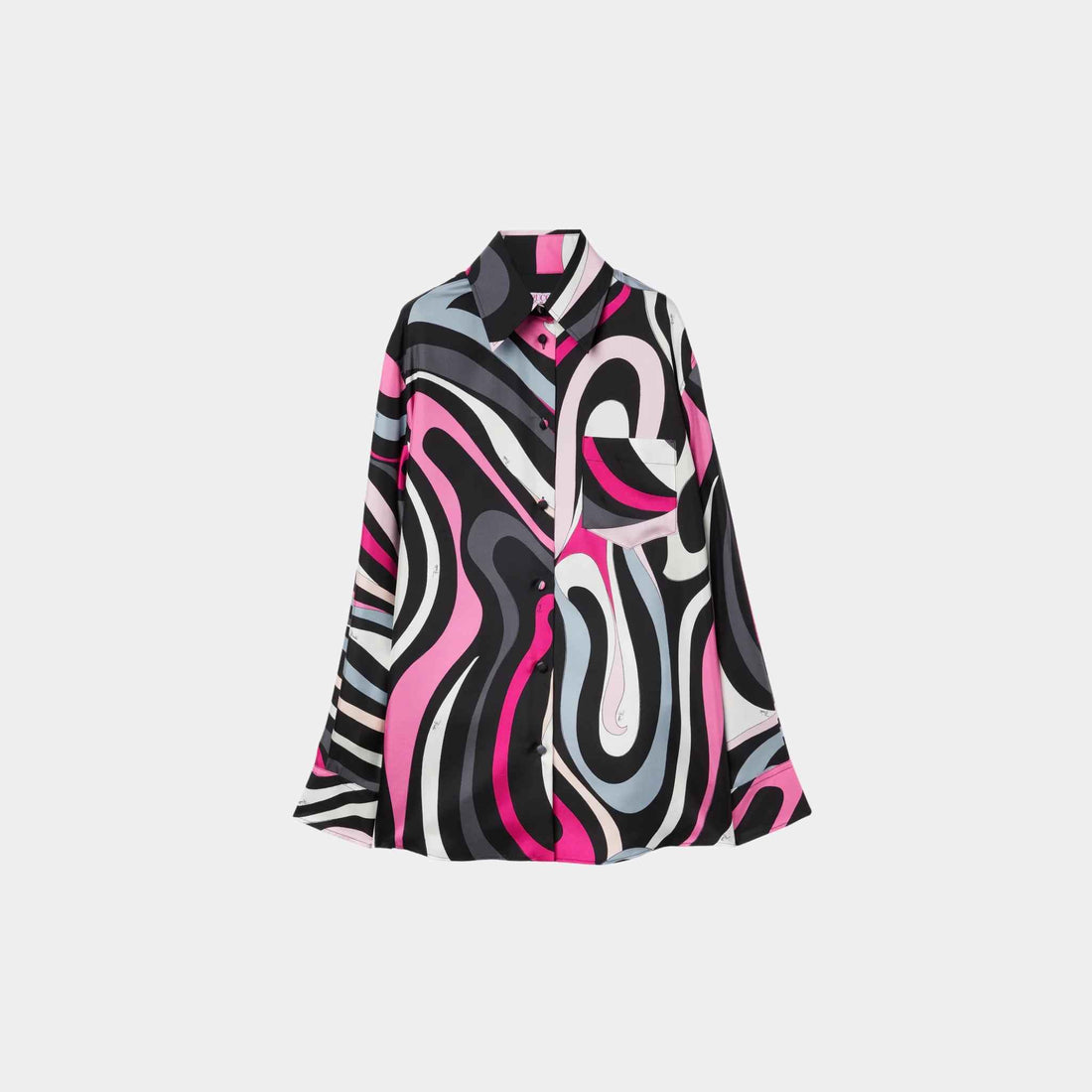 Pucci Marmo Print Oversized Fit Silk Shirt, Black, Fuchsia, Front