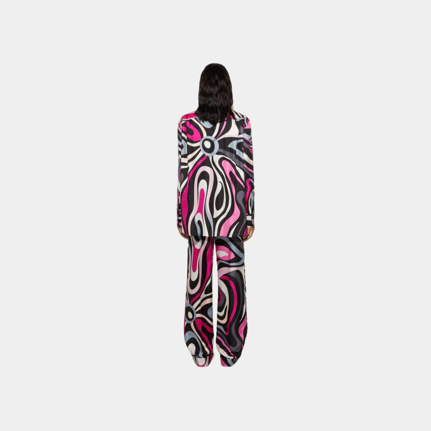 Pucci Marmo Print Straight Silk Twill Pants, Black, Fuchsia, Back