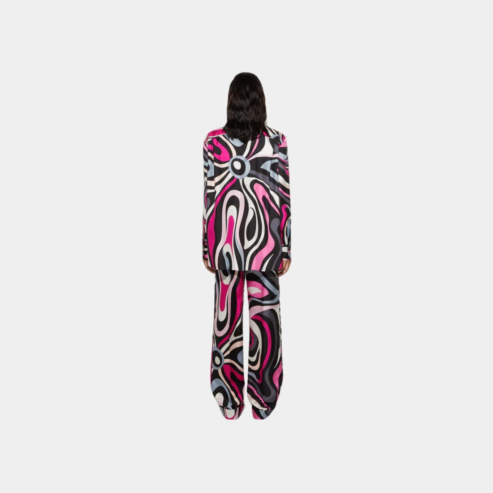 Pucci Marmo Print Straight Silk Twill Pants, Black, Fuchsia, Back