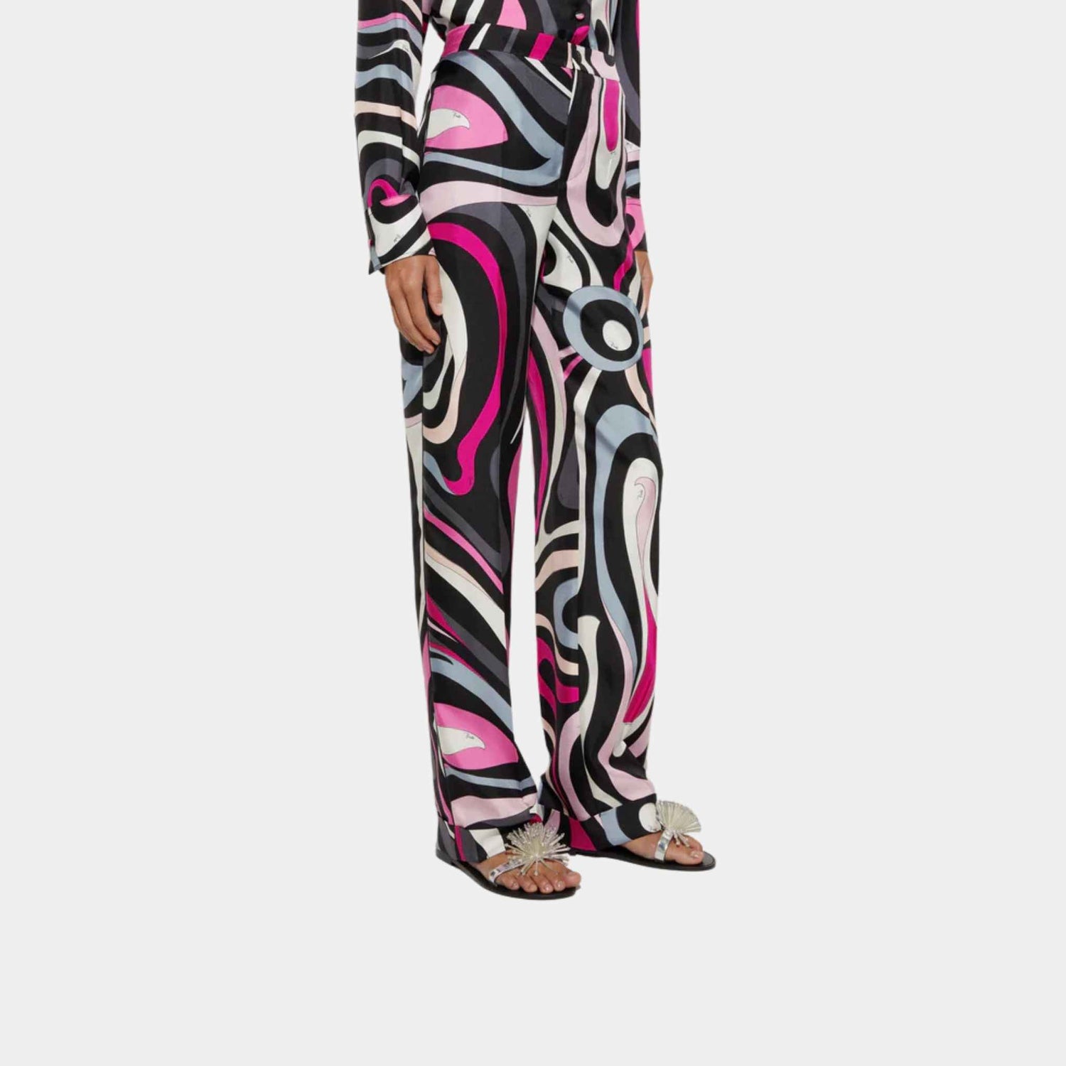 Pucci Marmo Print Straight Silk Twill Pants, Black, Fuchsia, Side