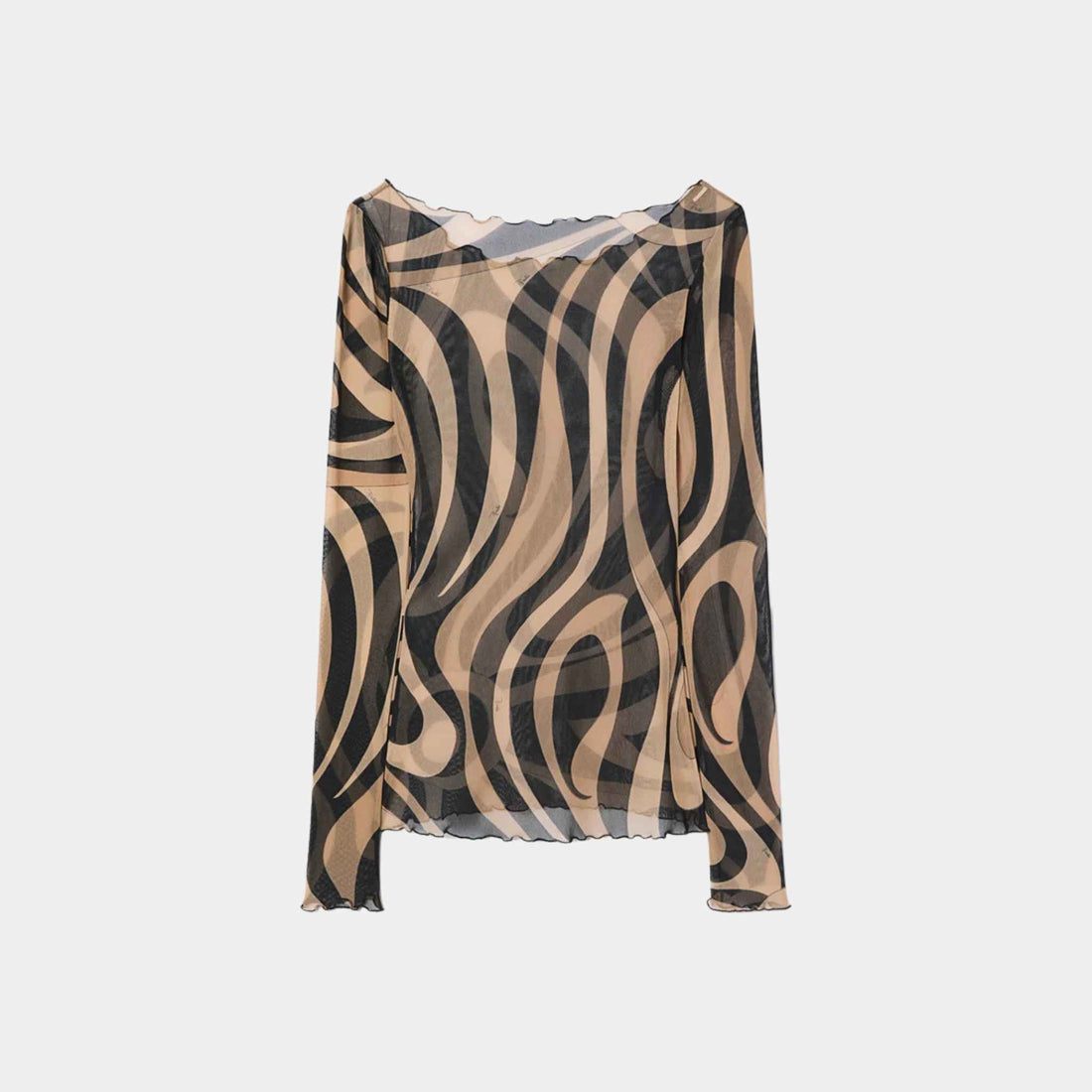 Pucci Marmo Print Tulle Top With Boat Neckline, Black, Beige, Front