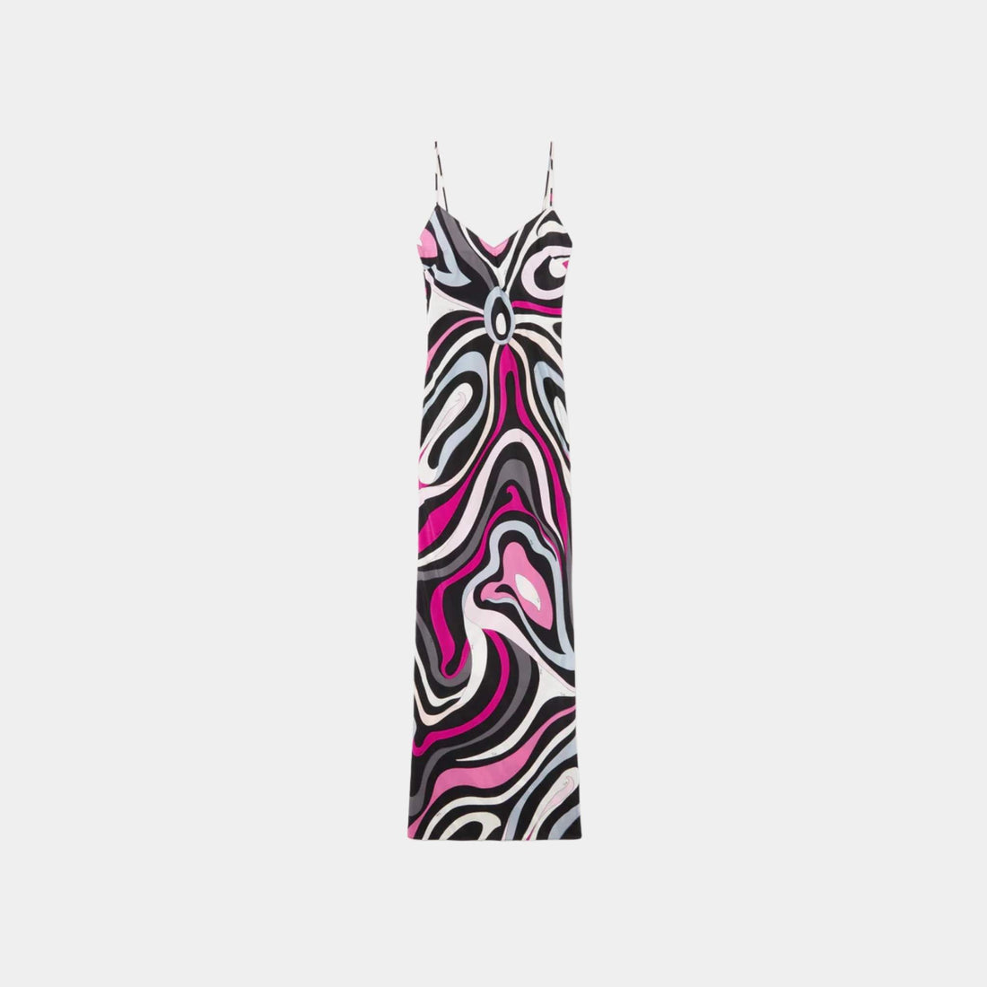 Pucci Marmo Print V-Neck Silk Dress, Black, Fuchsia, Front
