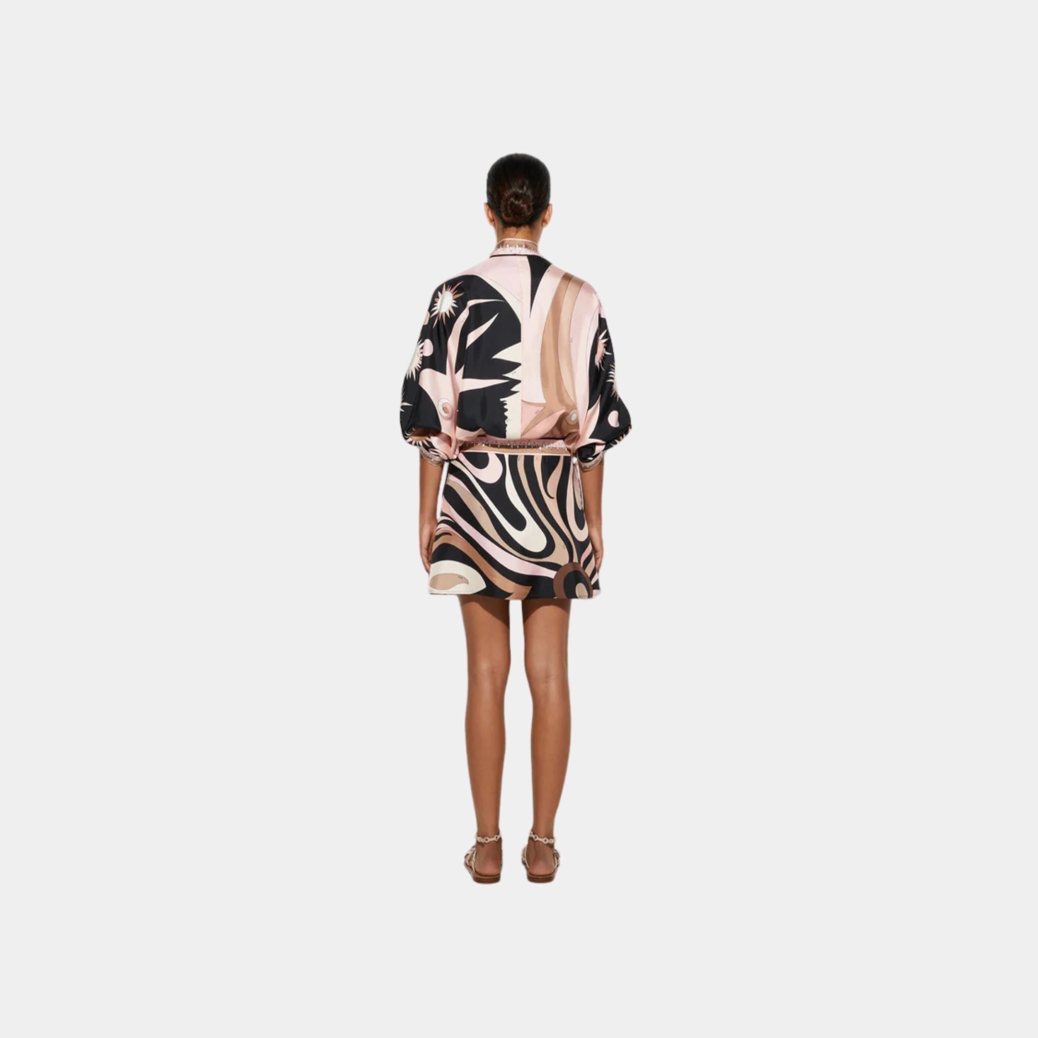 Pucci Mini Dress With Asymmetric Sleeves In Silk, Black, Nude, Back