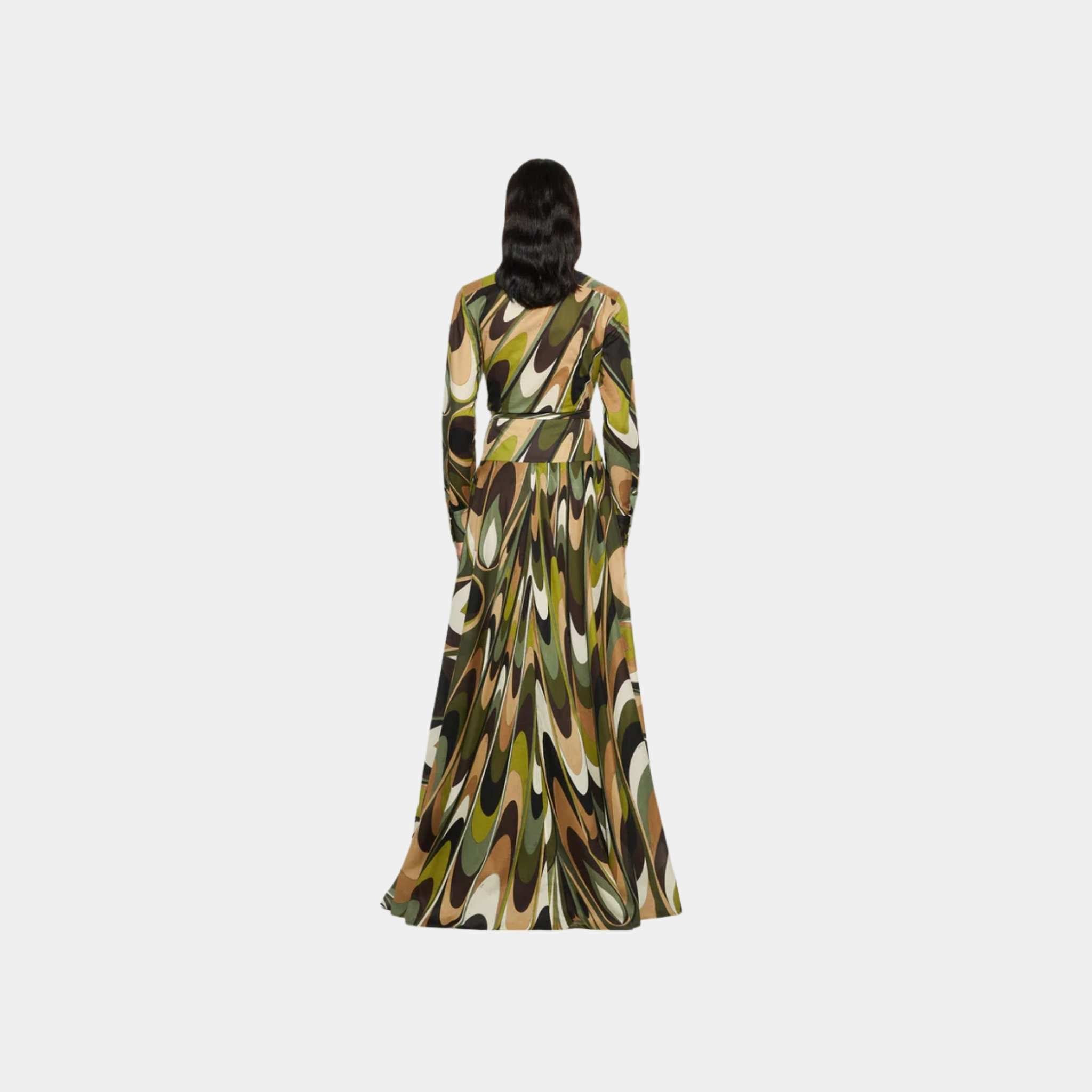 Pucci Onde Print Long Skirt Cotton Straight Cut, Khaki, Back