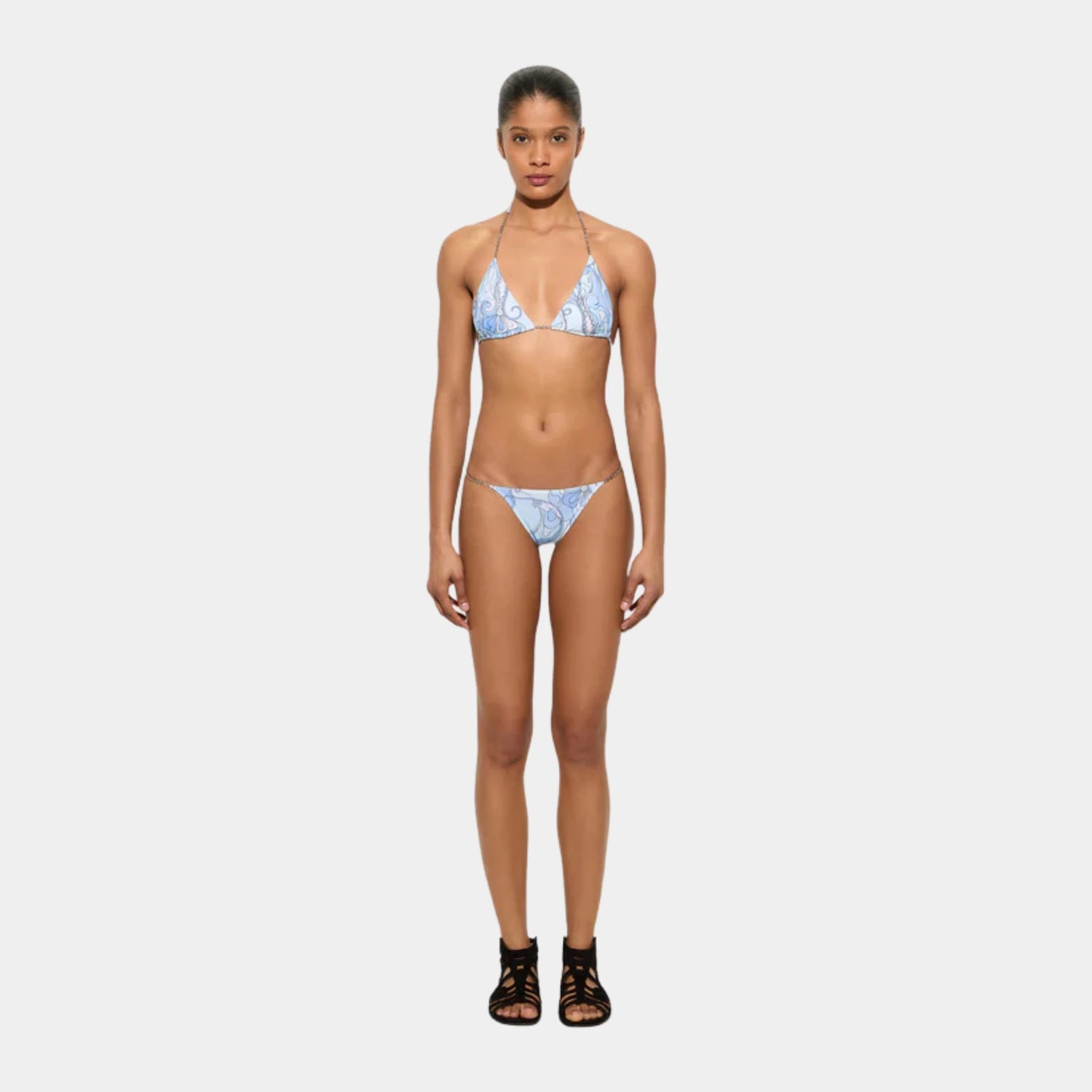 Pucci Orchidee Print Triangle Bikini Top, Pale Blue, Model, Front