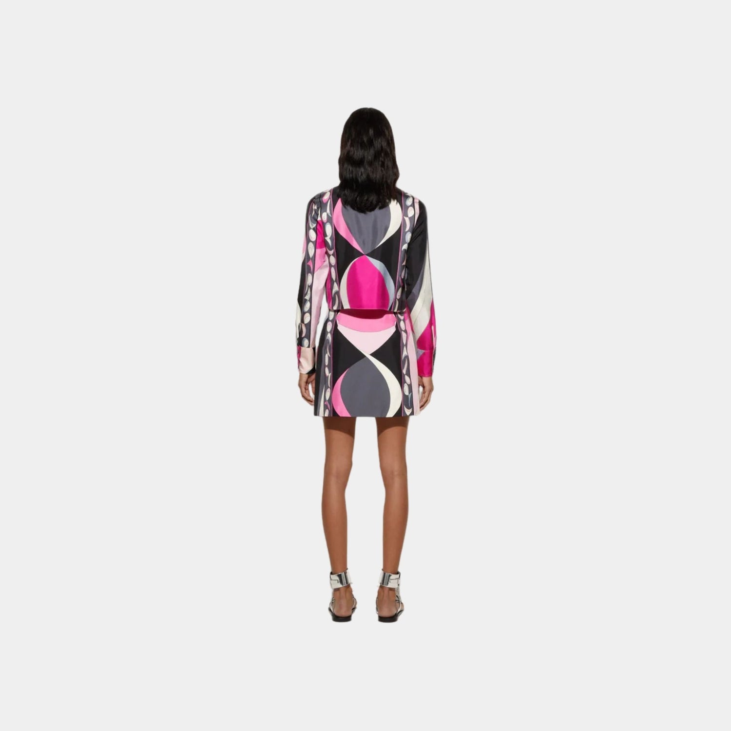 Pucci Pesci Print Cropped Silk Shirt, Black, Fuchsia, Back