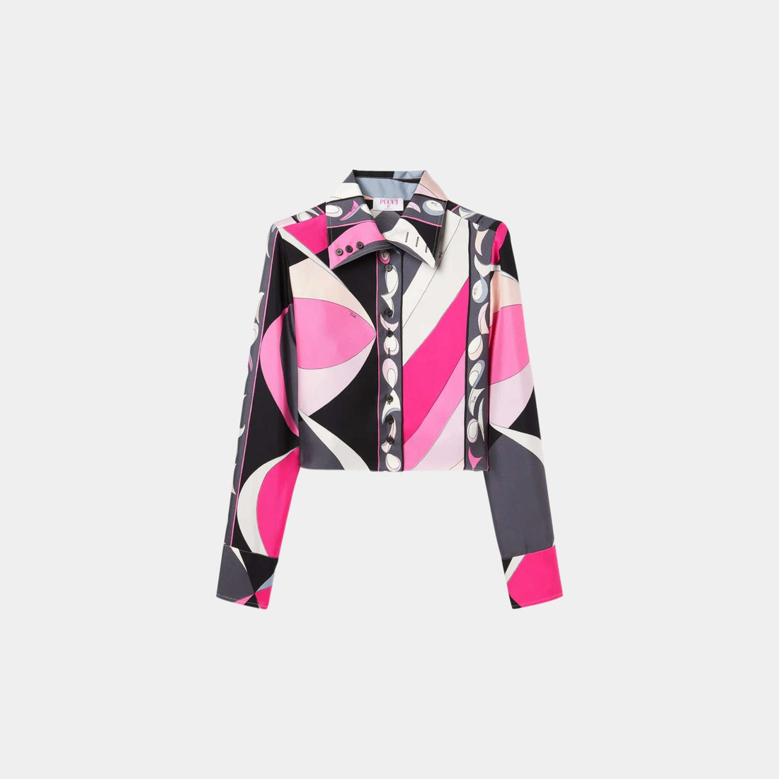 Pucci Pesci Print Cropped Silk Shirt, Black, Fuchsia, Front