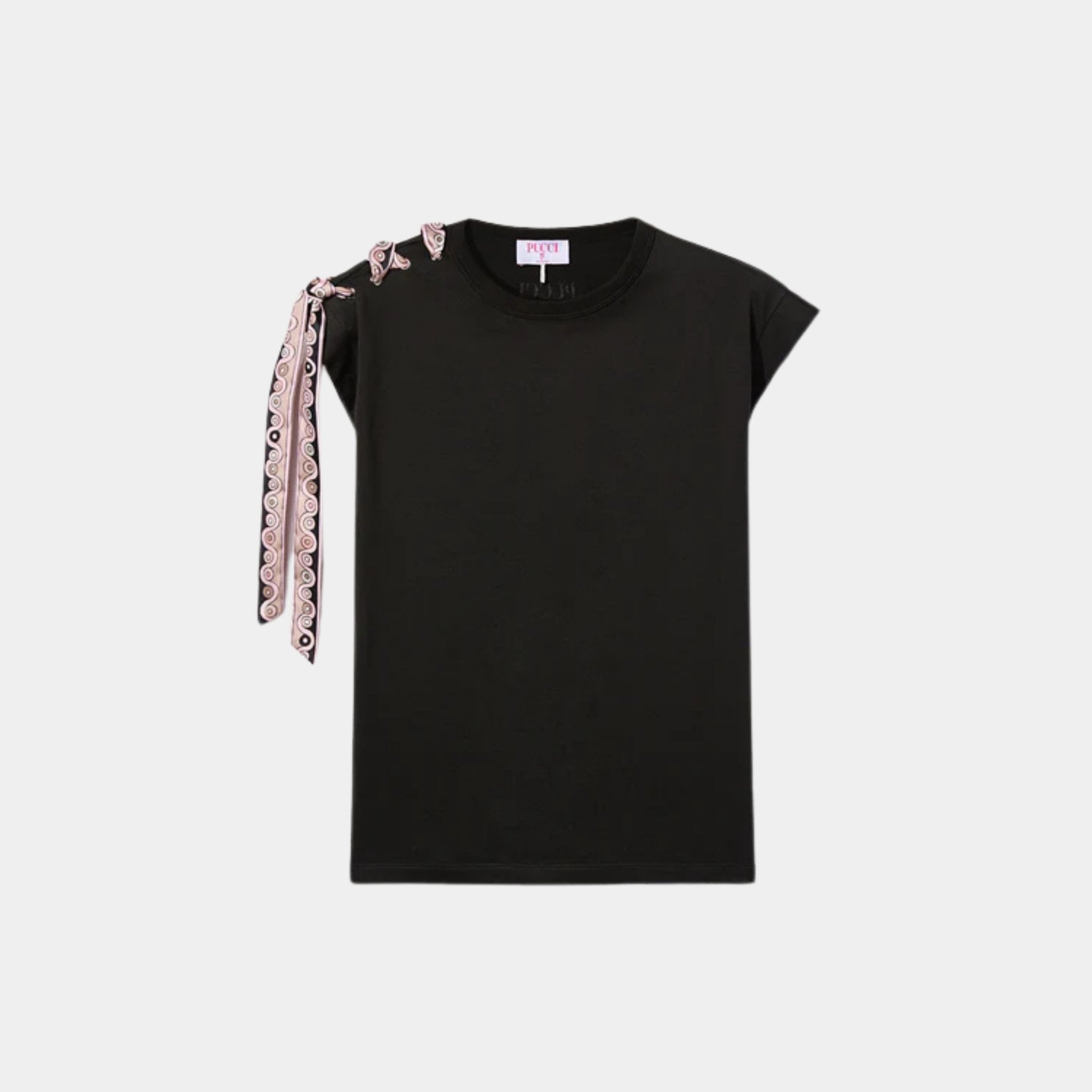 Pucci Short Sleeve Cotton T-Shirt With Printed Drawstring, Black, Front