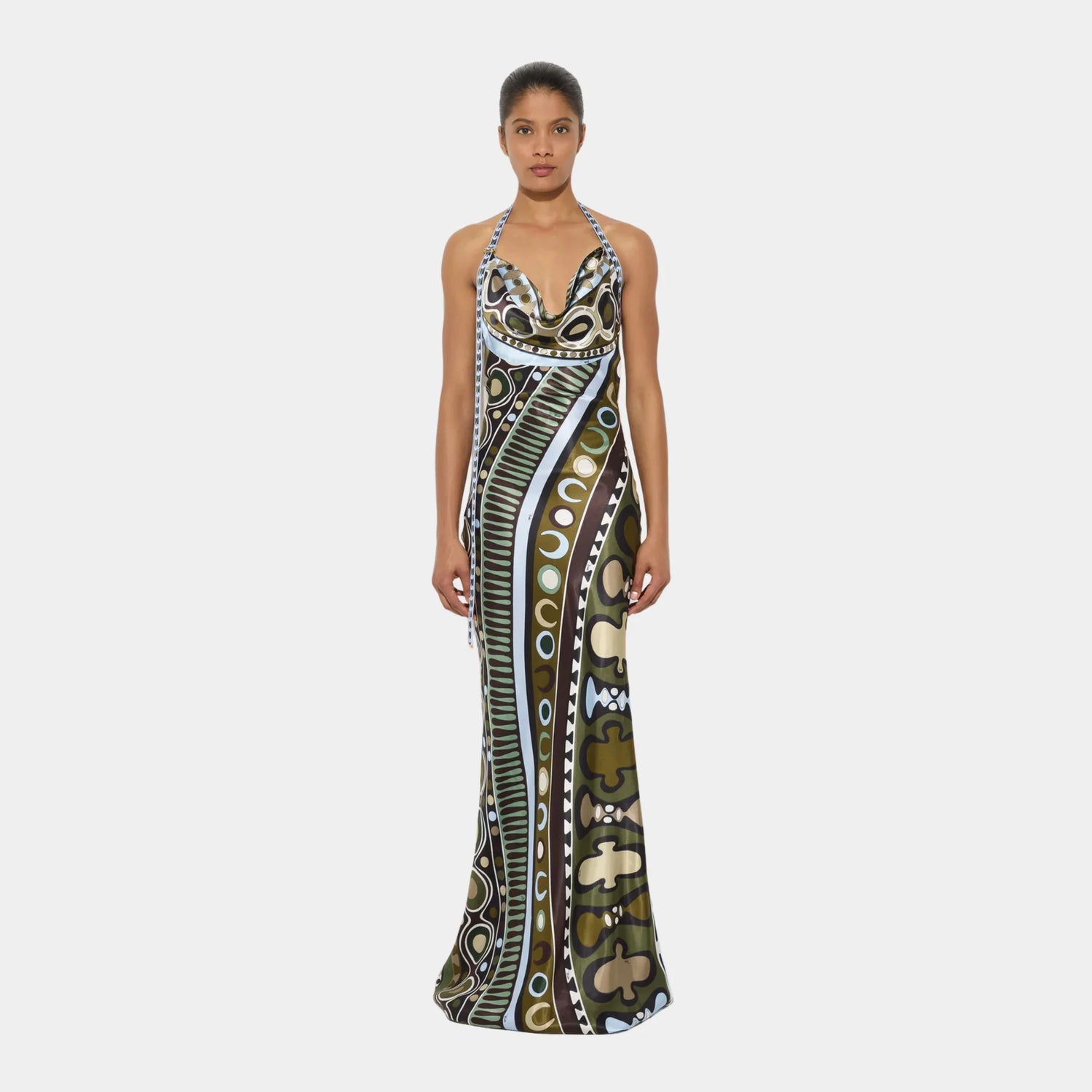 Pucci Soleil Print Satin Dress, Khaki Blue, Model, Front