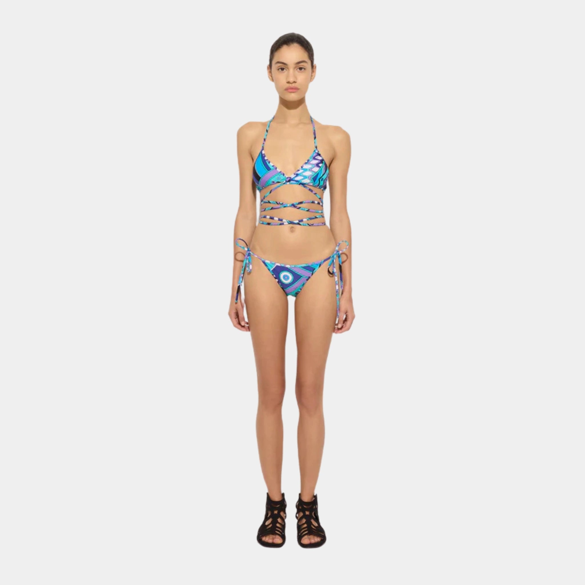 Pucci Vivara Print Bikini Bottom, Turquoise, Model, Front