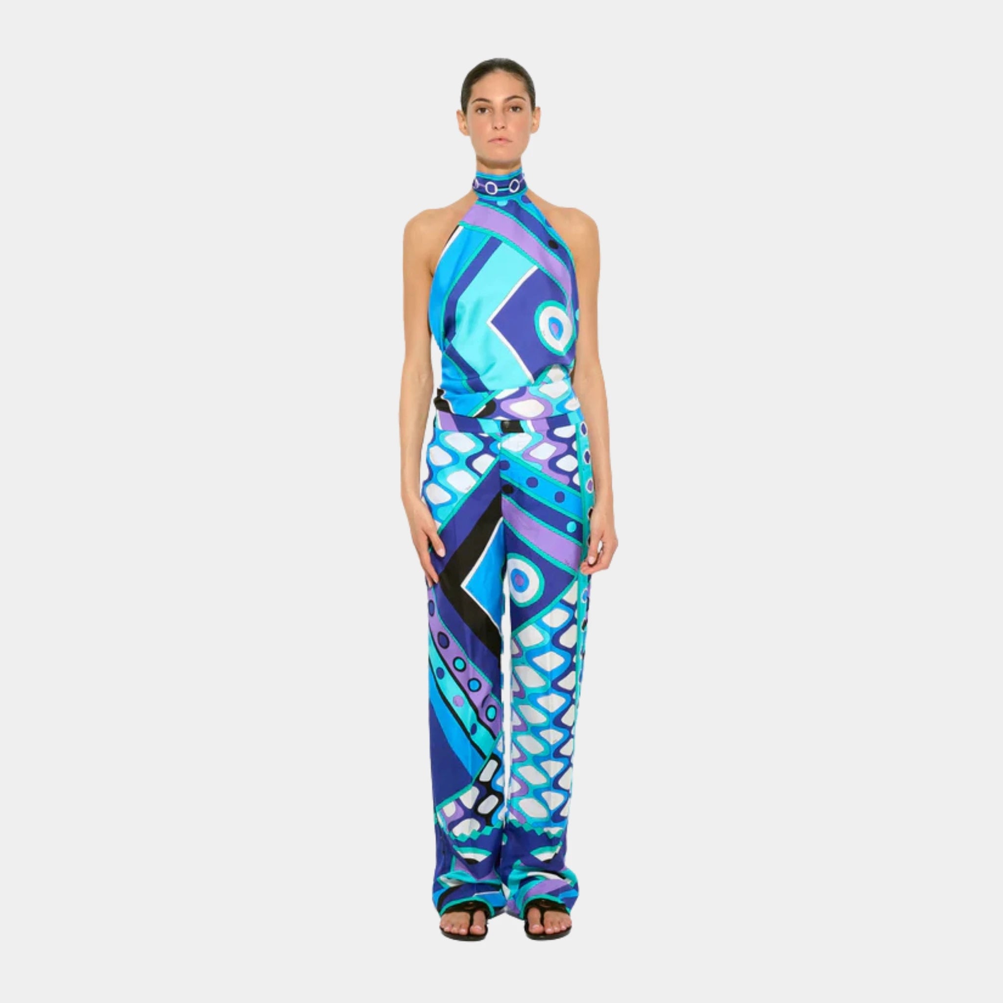 Pucci Vivara Print Foulard Top, Turquoise, Model, Front
