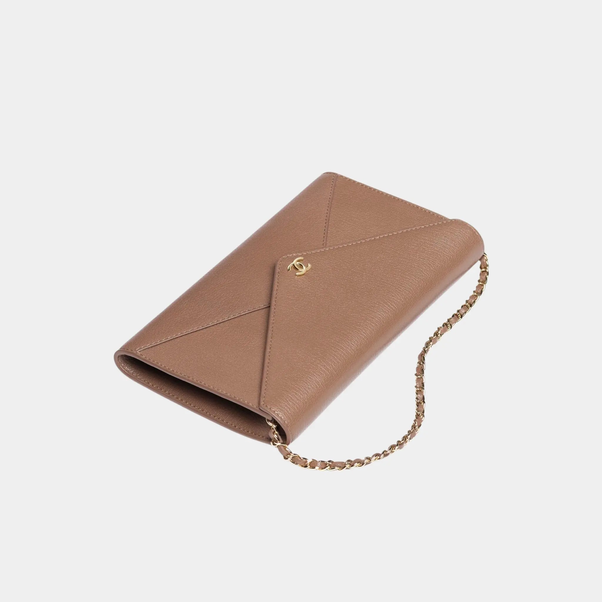 Clutch with Leather Strap in Grained Goatskin &amp; Gold Metal