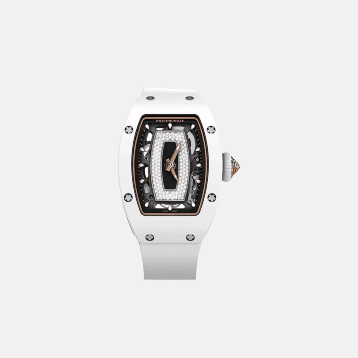 ساعة Richard Mille RM07-01 من السيراميك الأبيض مع سوار مطاطي أبيض