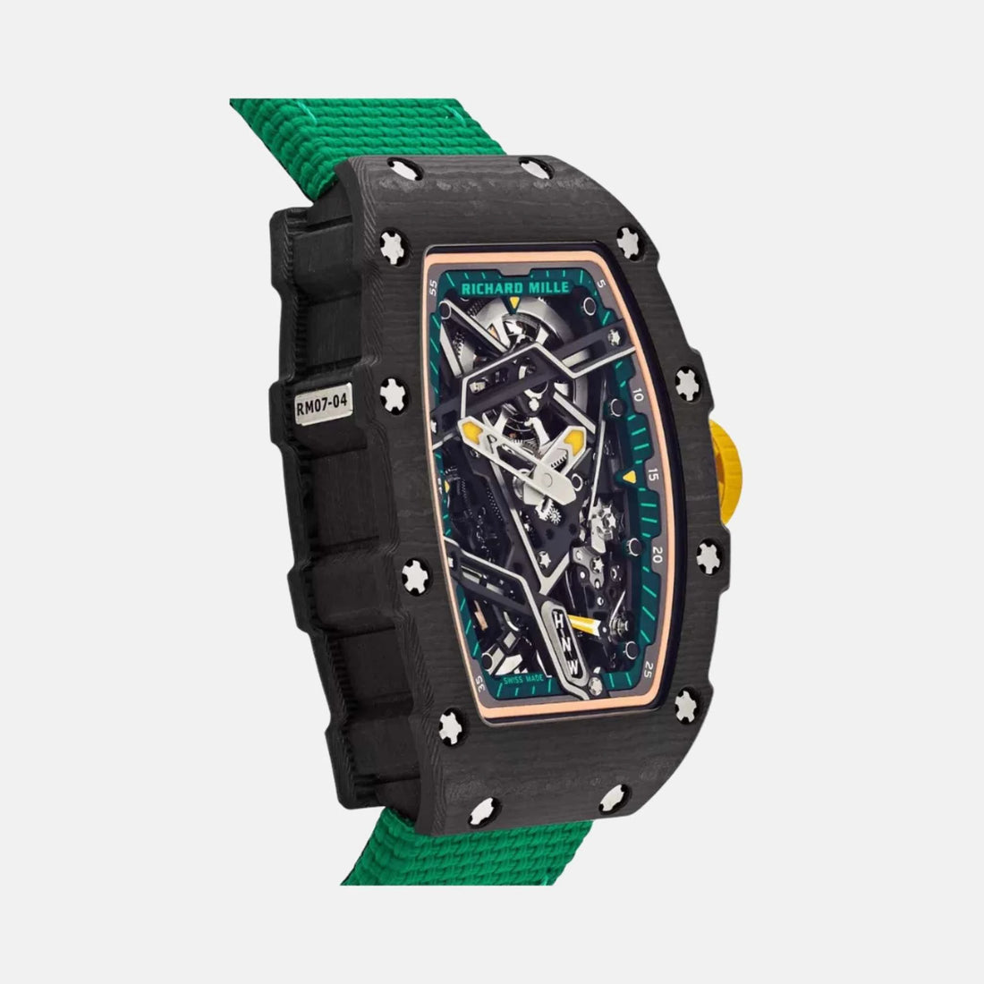 Richard Mille RM07-04 ساعة رياضية أوتوماتيكية باللونين الأخضر والأسود، من الجانب