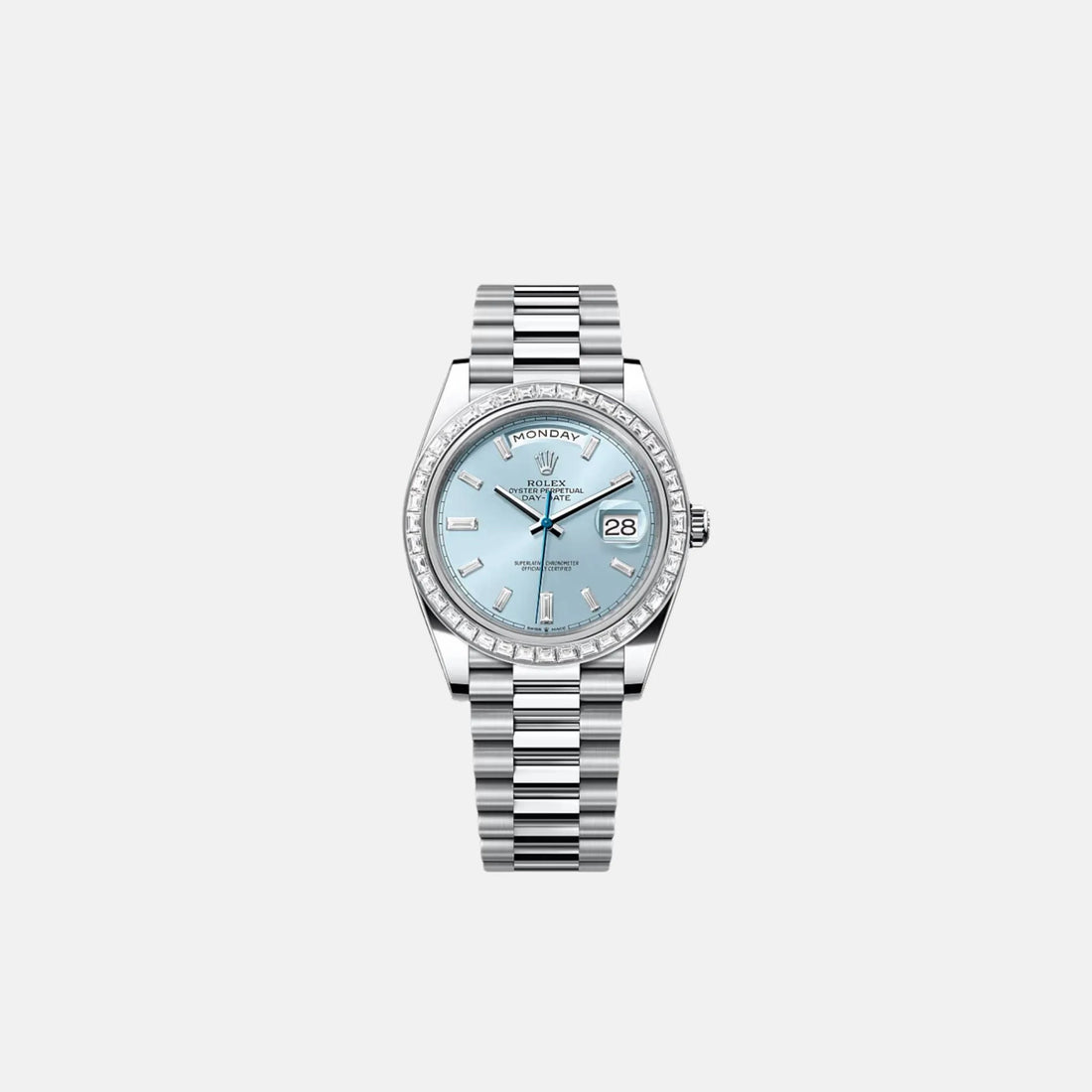 Rolex Day-Date 40 228396TBR Platinum Ice Blue Dial Baguette Bezel