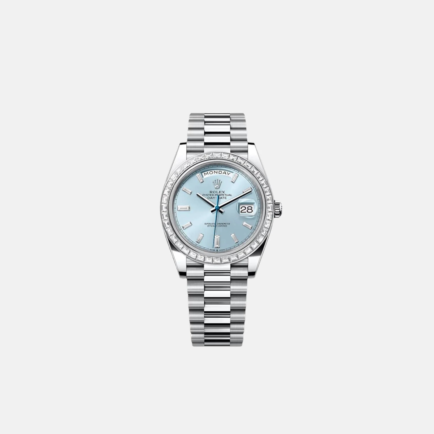 Rolex Day-Date 40 228396TBR Platinum Ice Blue Dial Baguette Bezel
