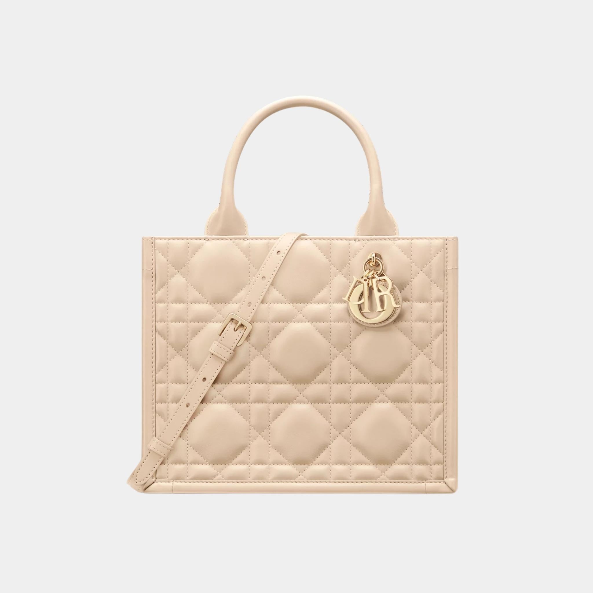 Small Dior Book Tote Macrocannage Calfskin, Powder Beige, Front