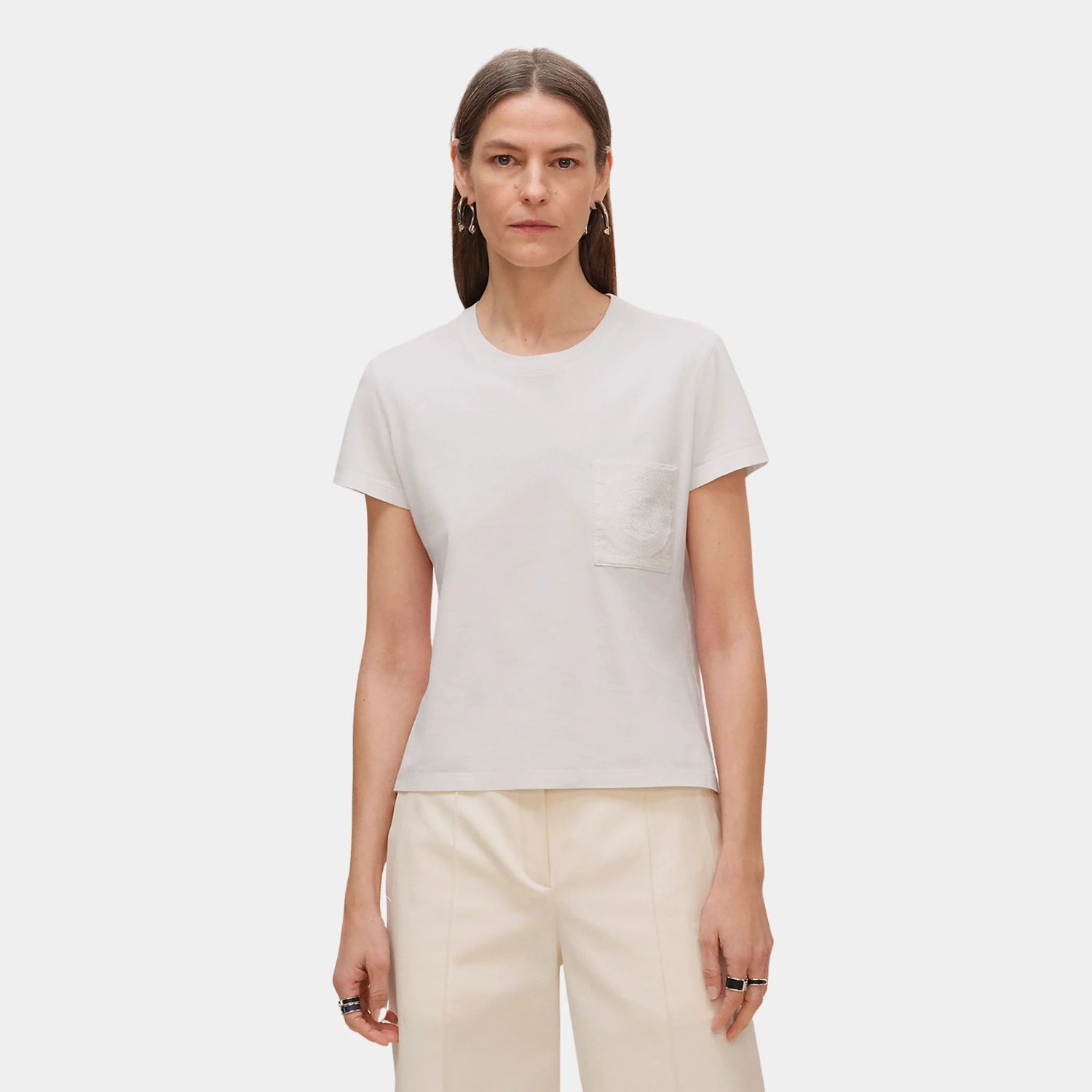 Hermes Straight T-shirt with Embroidered Pocket, Blanc, Front