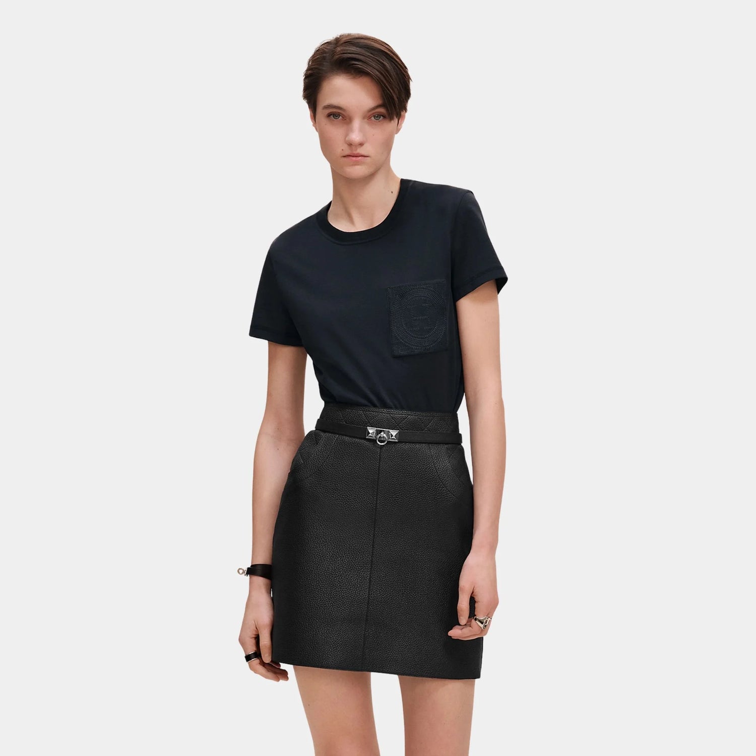 Hermes Straight T-shirt with Embroidered Pocket, Bleu Noir, Front