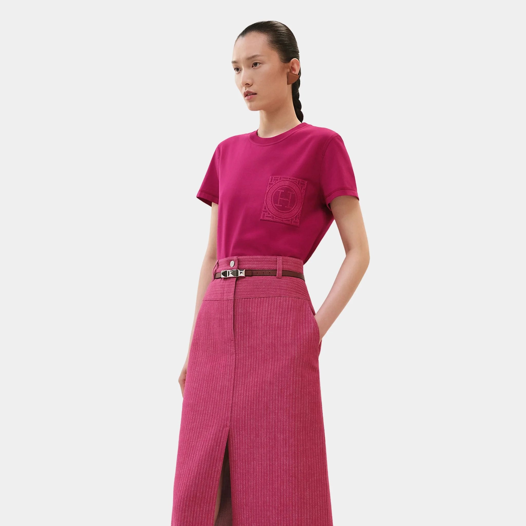 Hermes Straight T-shirt with Embroidered Pocket, Rose Bougainvillier, Front