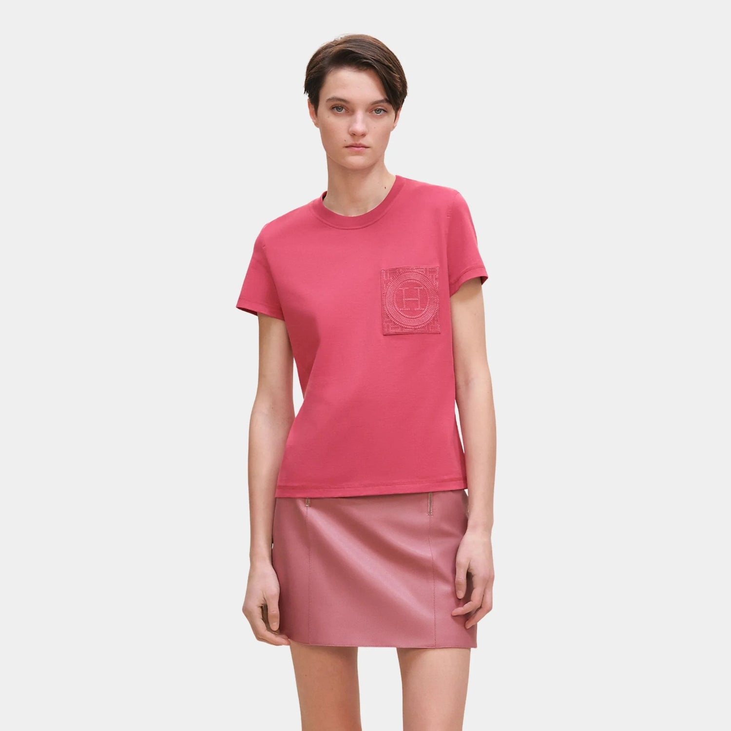 Hermes Straight T-shirt with Embroidered Pocket, Rose Framboise, Front