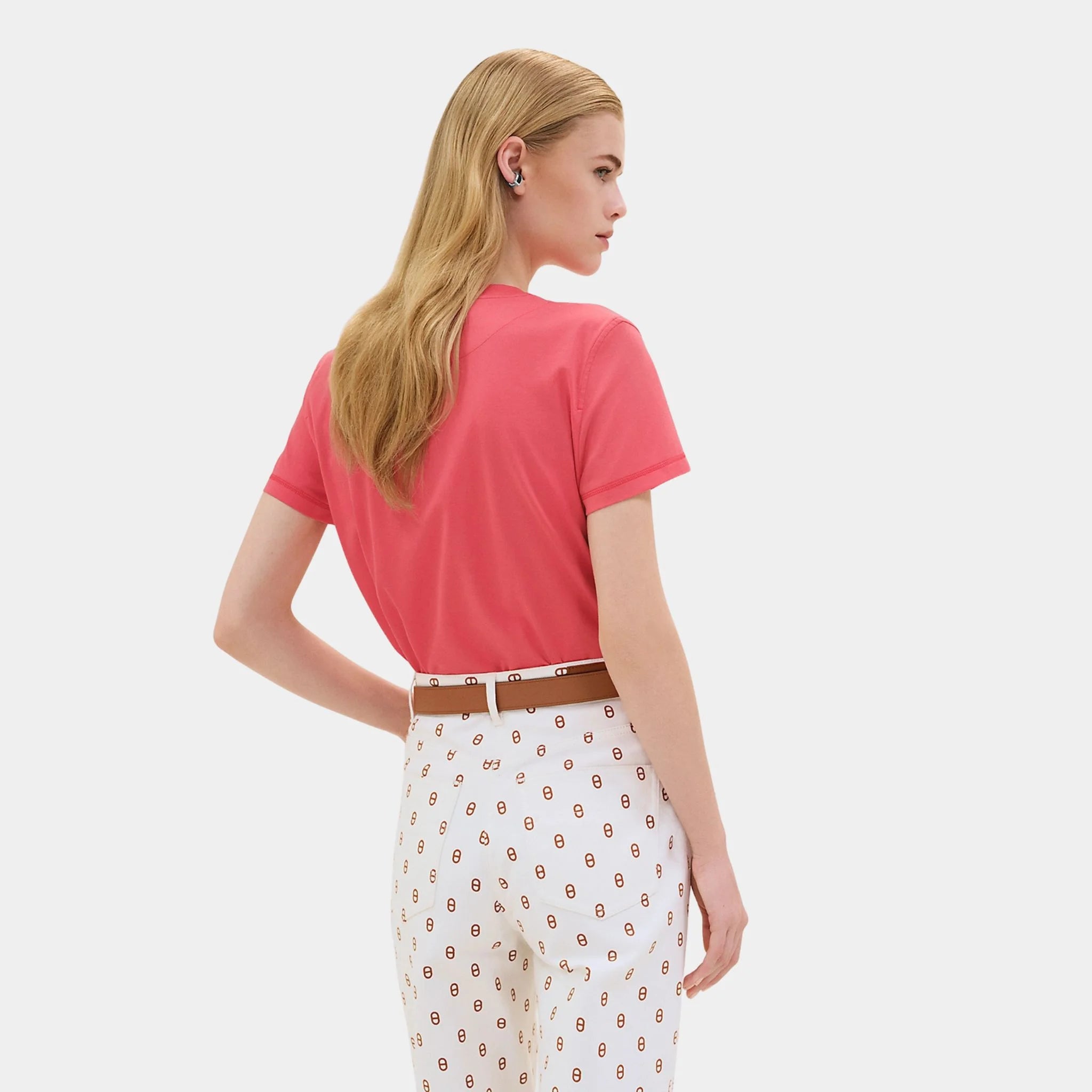 Hermes Straight T-shirt with Embroidered Pocket, Rose Vermillon, Back