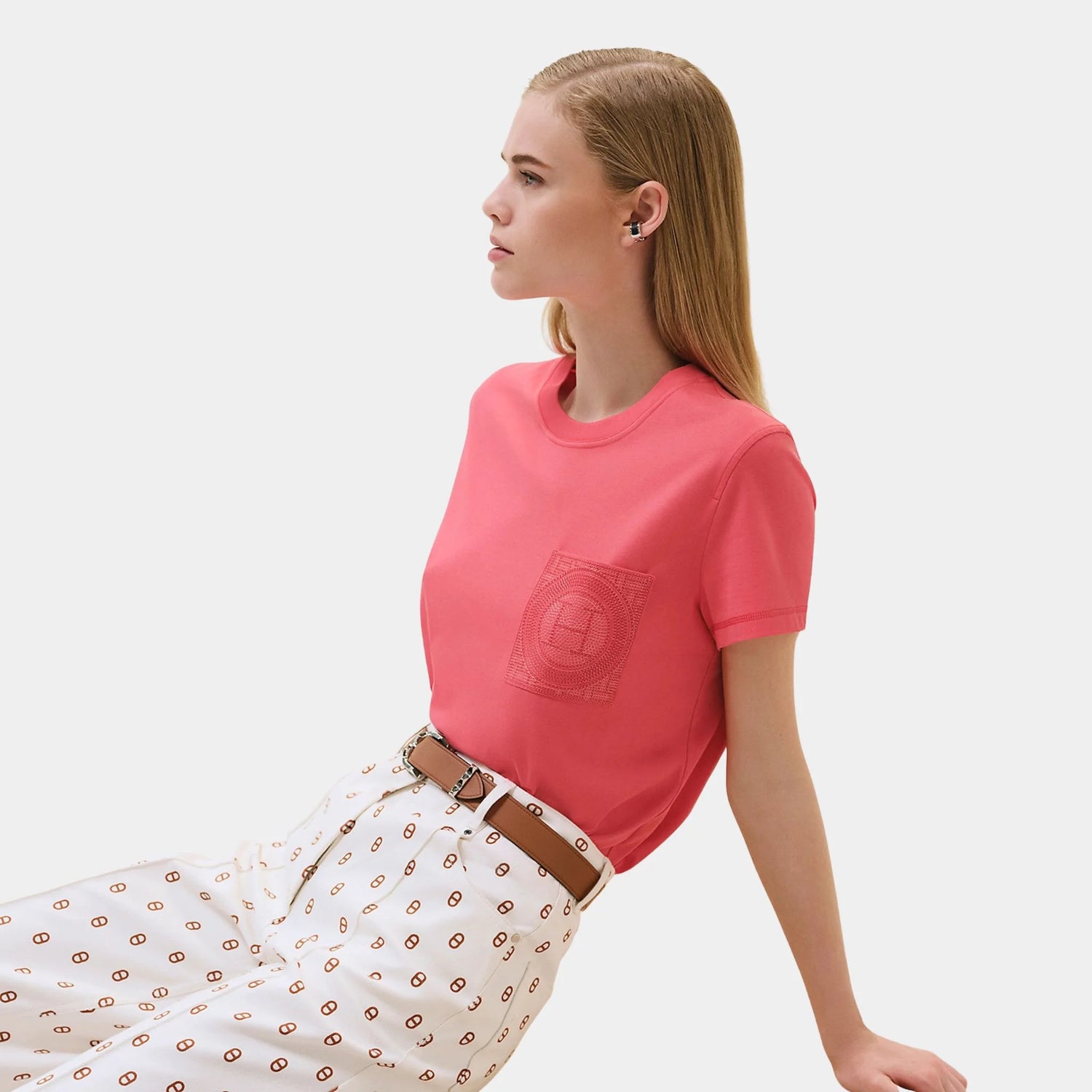 Hermes Straight T-shirt with Embroidered Pocket, Rose Vermillon, Front