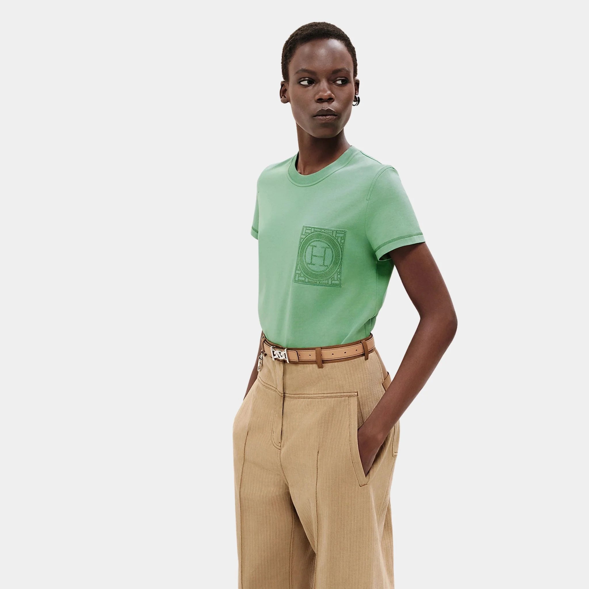Hermes Straight T-shirt with Embroidered Pocket, Vert Opaline, Front