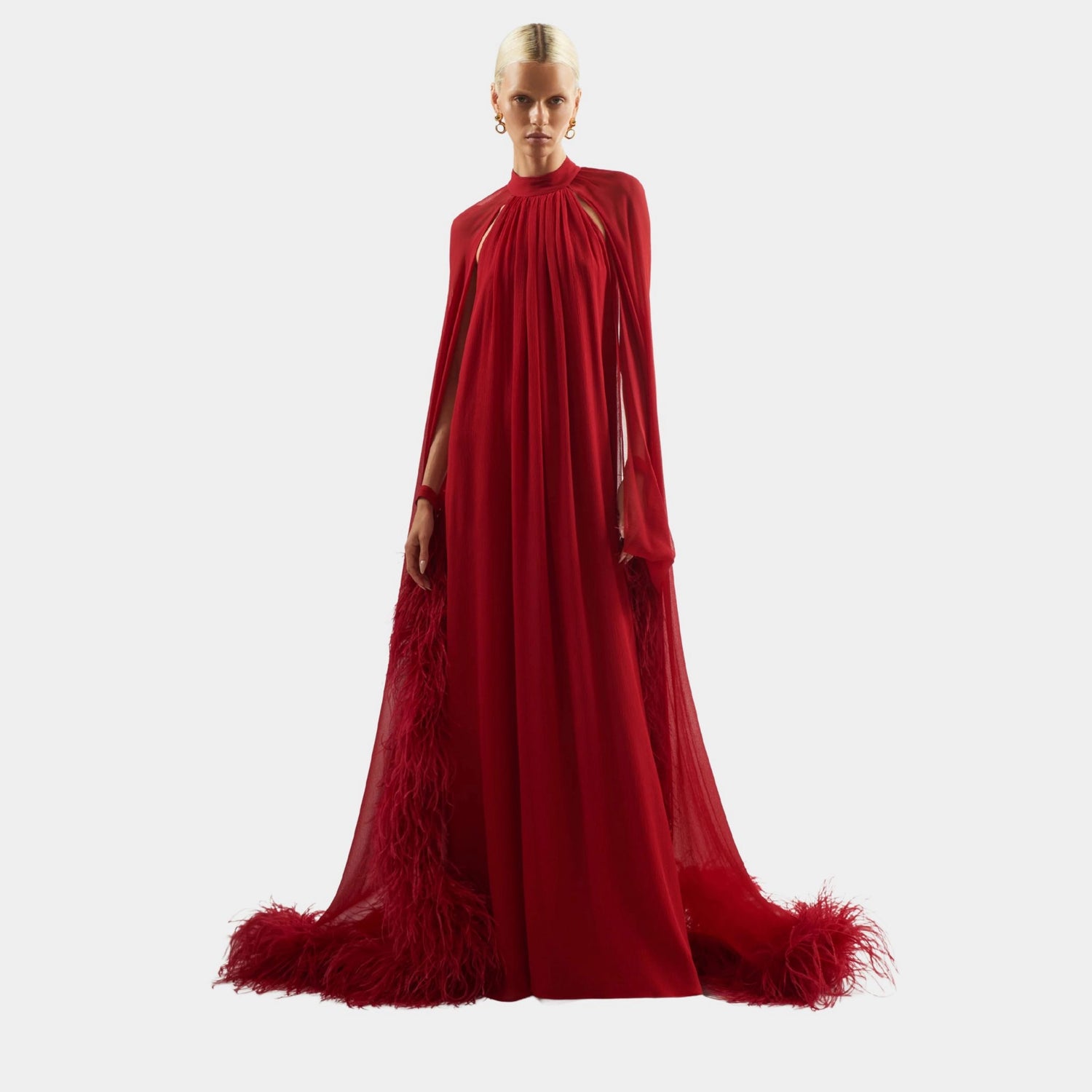 Taller Marmo Feathered Eterea Gown In Ruby, Model