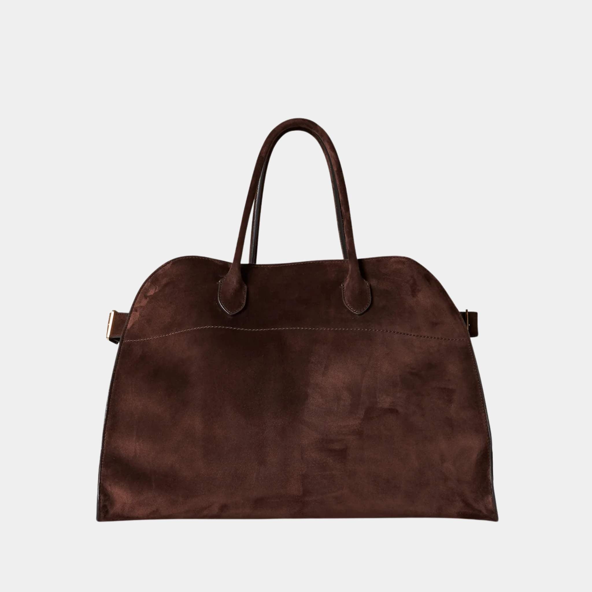 The Row Soft Margaux 17 Bag In Suede Mocha, Front