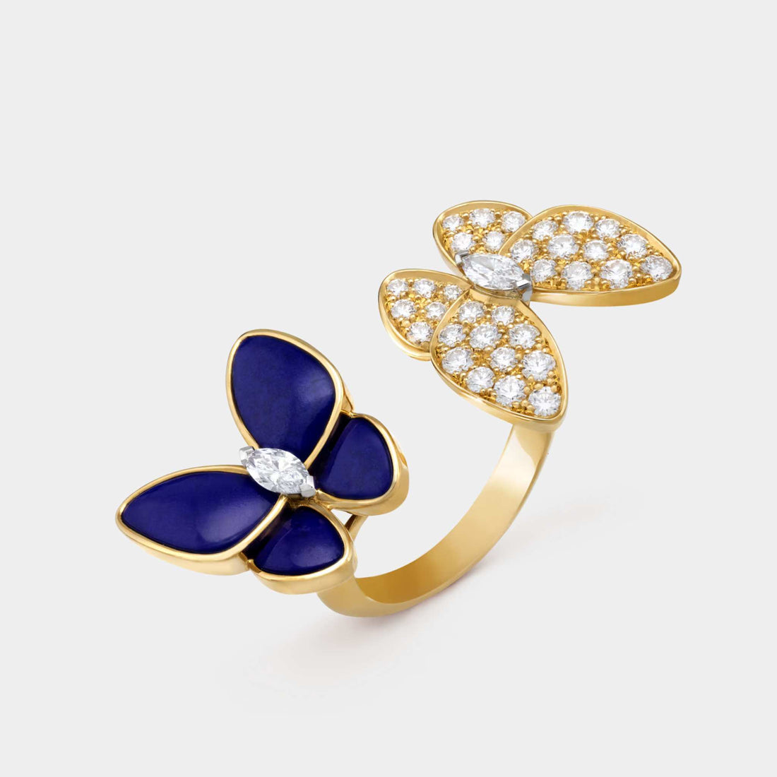 Two Butterfly Between The Finger Ring Yellow Gold Diamond Lapis Lazuli, Front