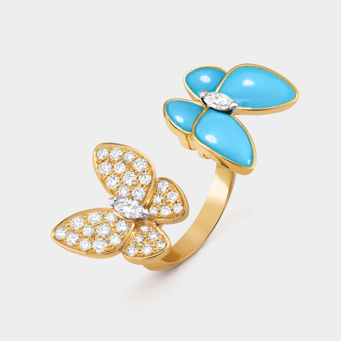 Two Butterfly Between The Finger Ring Yellow Gold Diamond Turquoise, Front 