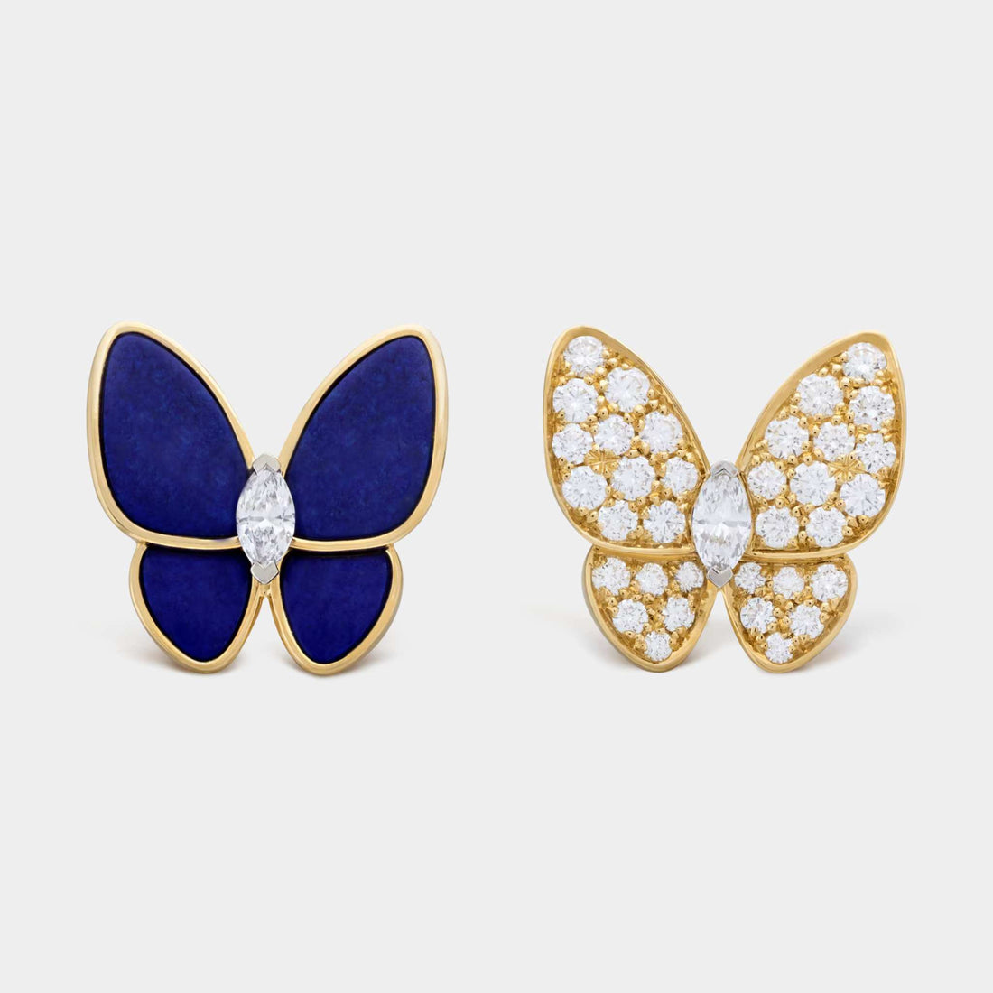 Two Butterfly Earrings Yellow Gold Diamond Lapis Lazuli, Front 