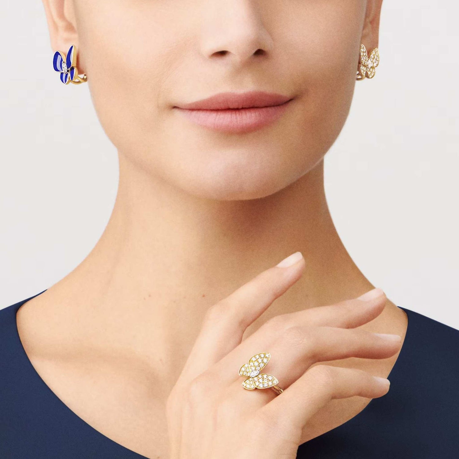 Two Butterfly Earrings Yellow Gold Diamond Lapis Lazuli, Model