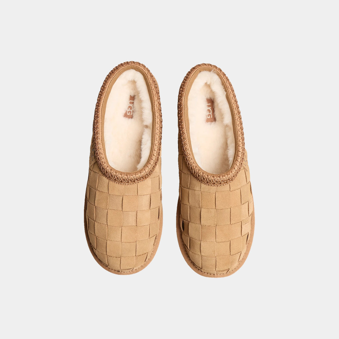 UGG Tasman Woven slippers Chestnut sheepskin lining top view