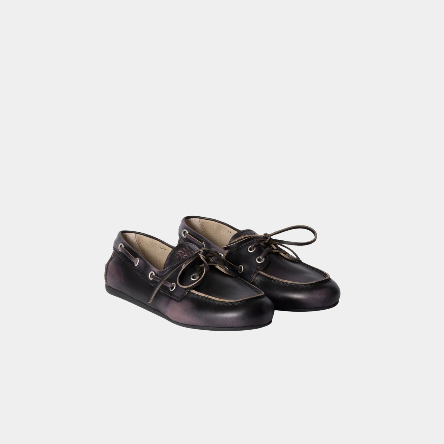 Miu Miu Unlined Bleached Leather Boat Shoes in Calfskin, Black, Front