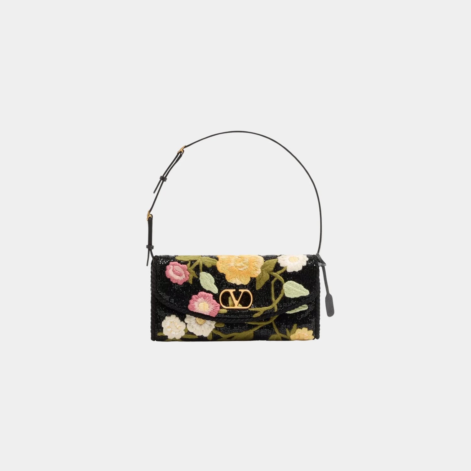 Valentino Garavani DeVain Small Embroidered Shoulder Bag, Black, Front