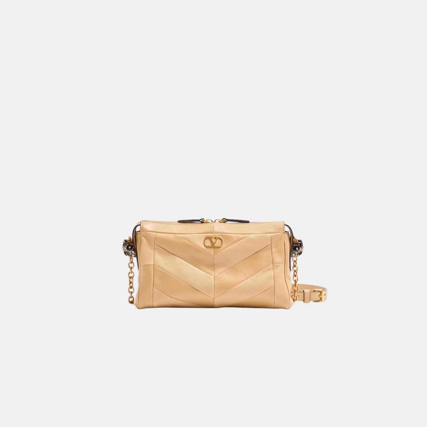 Valentino Garavani Panthea Small Shoulder Bag in Chevron Nappa Leather, Gold Beige, Front