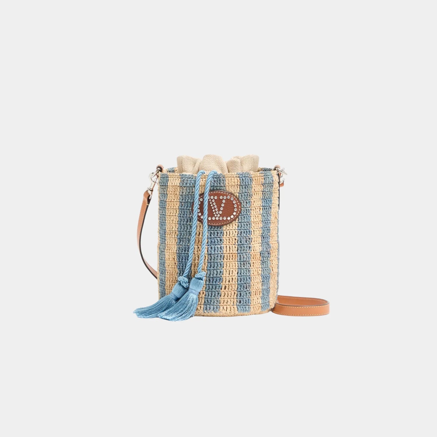 Valentino Garavani Small Bucket Bag in Striped Raffia, Natural, Azure, Front