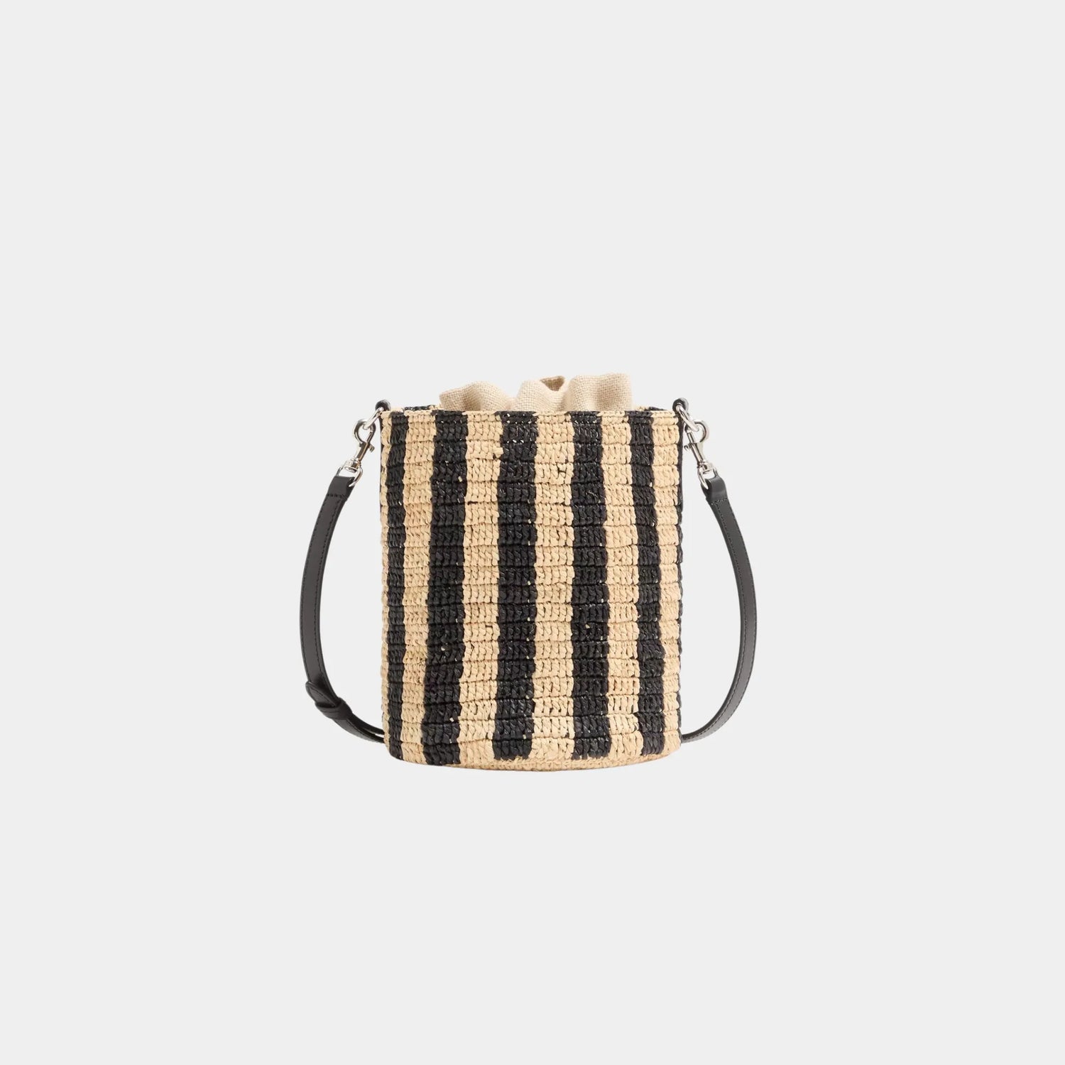 Valentino Garavani Small Bucket Bag in Striped Raffia, Natural, Black, Back