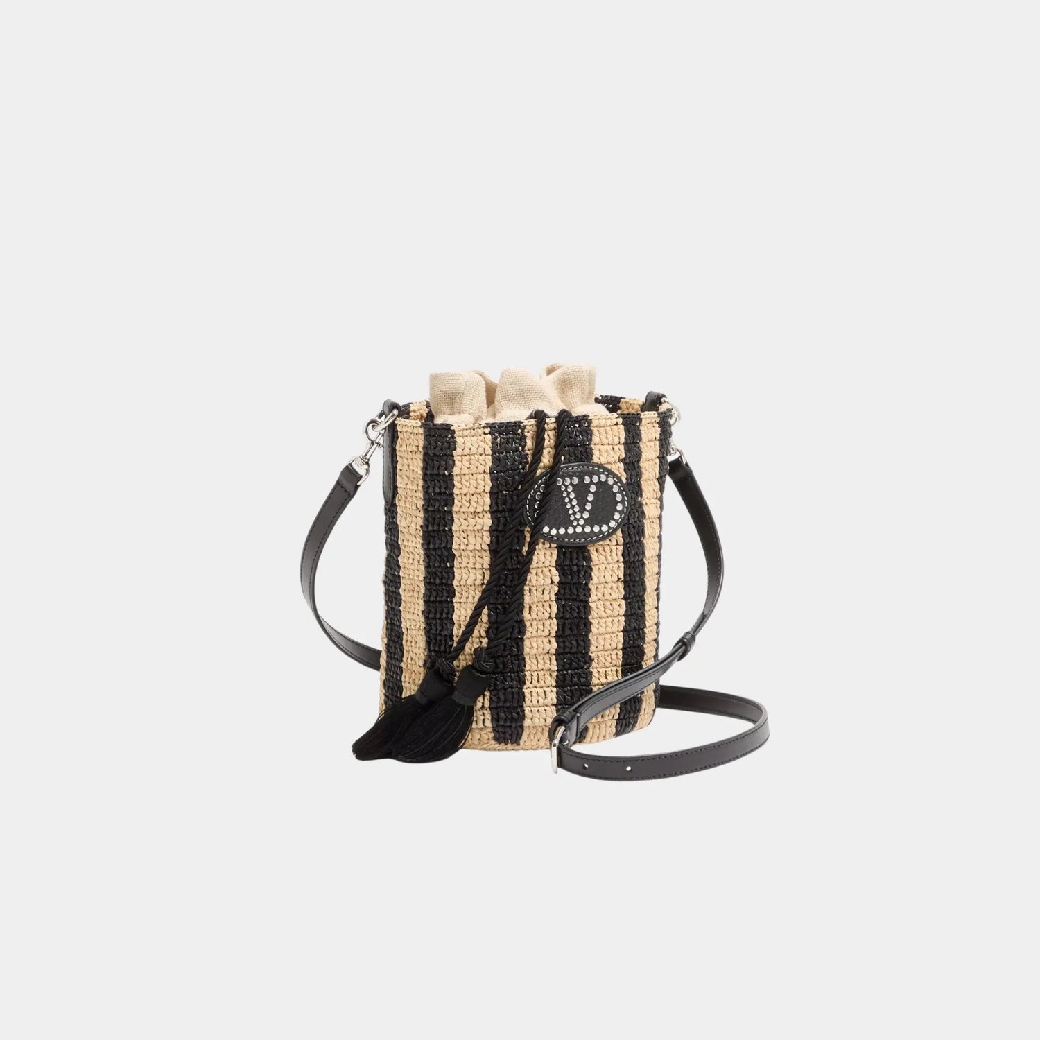 Valentino Garavani Small Bucket Bag in Striped Raffia, Natural, Black, Side