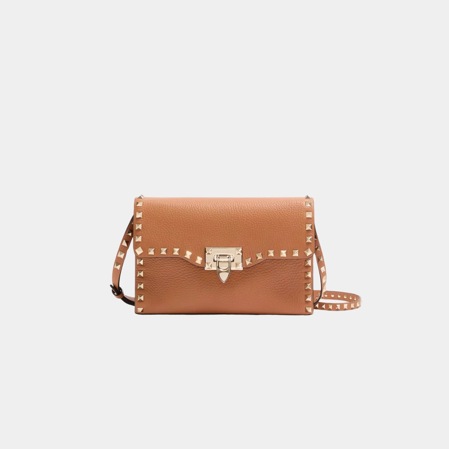 Valentino Garavani Small Rockstud Grainy Calfskin Crossbody Bag, Almond, Front