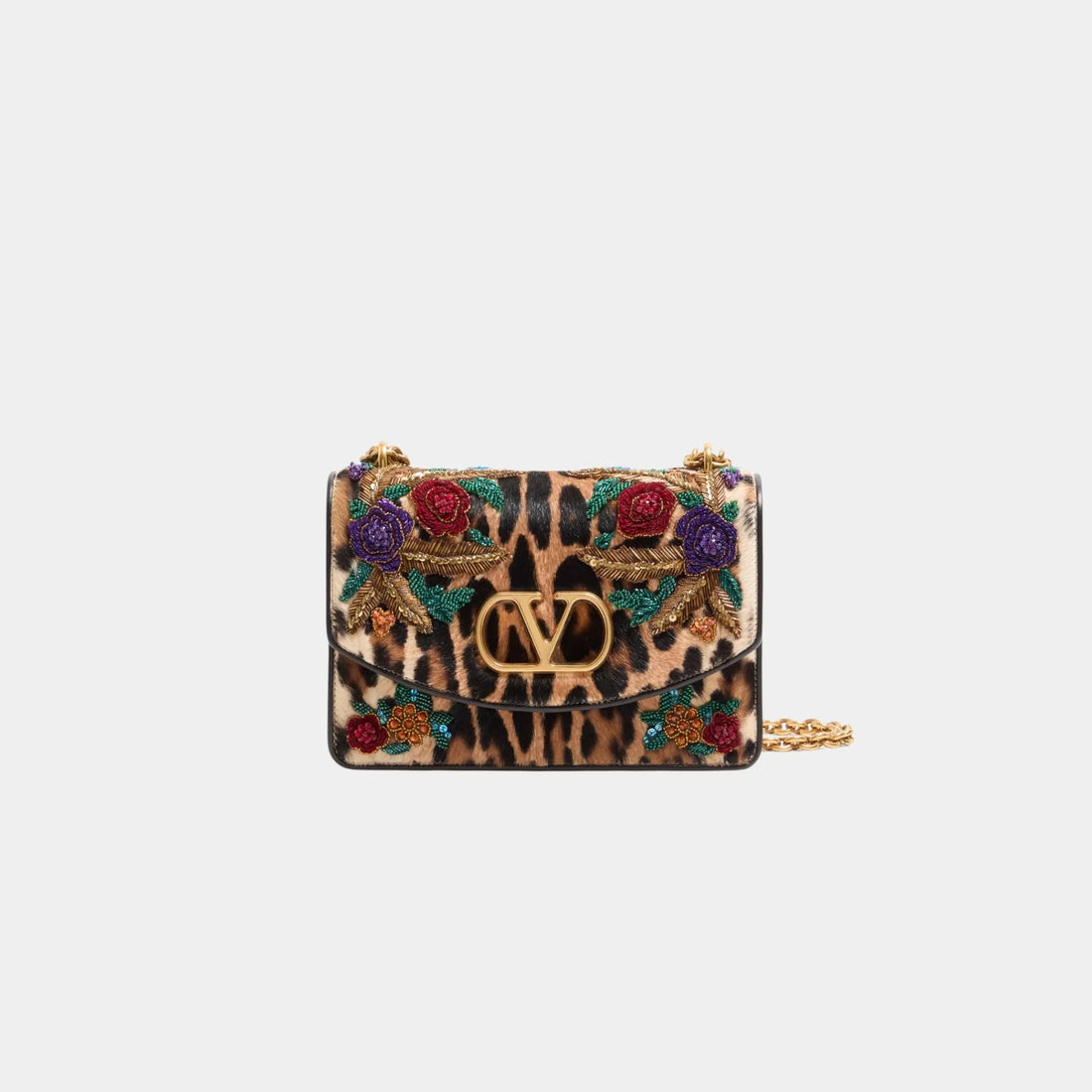 Valentino Vain Shoulder Bag in Embroidered Pony Effect Kidskin Leather, Front