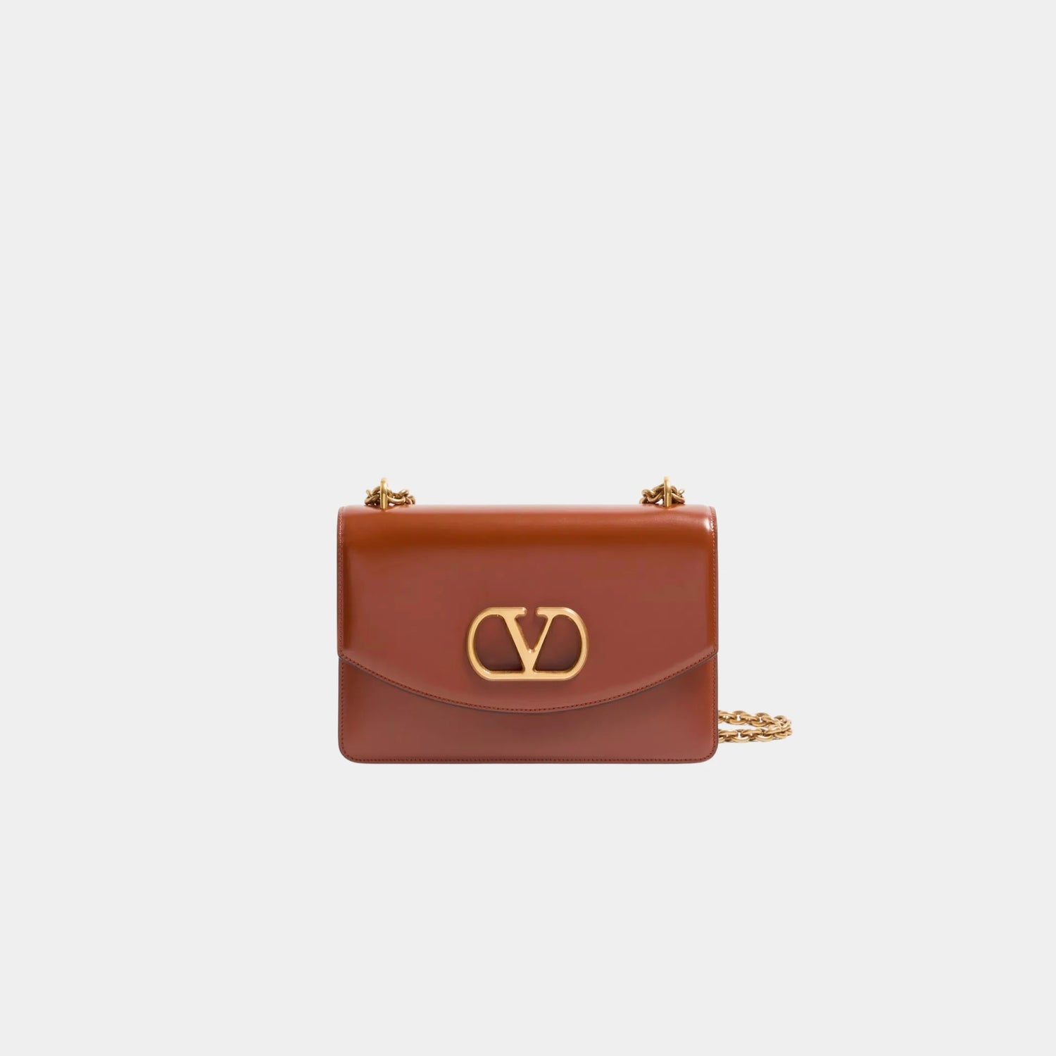 Valentino Vain Shoulder Bag in Shiny Calfskin, Dark Brandy, Front
