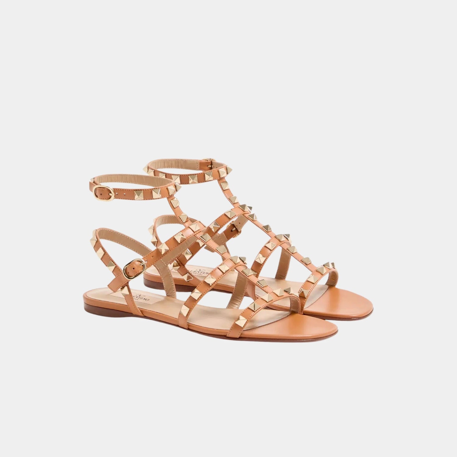 Valentino Rockstud Flat Calfskin Sandal With Straps, Almond, Front